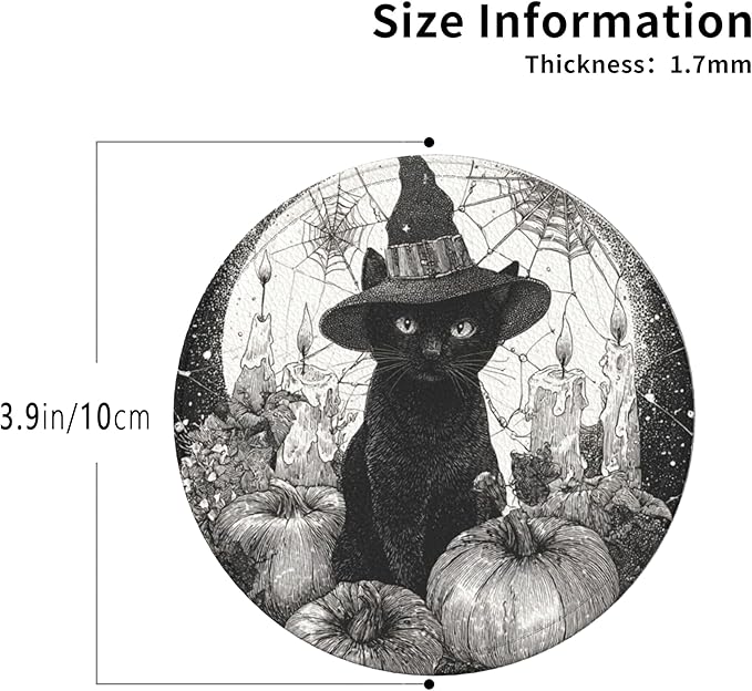Halloween Cat Coasters Leather Round Drink Coasters 6 Pcs Set with Holderor for Cup Drink Coffee Table Bar Home Decor
