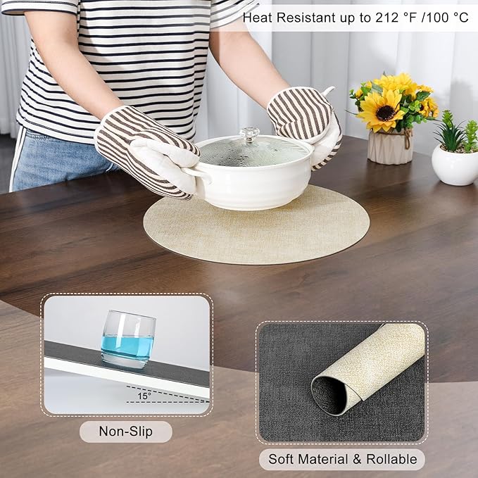 Myir JUN Round Placemats Dual Sided, Faux Leather Place Mats Set of 4 Indoor Placemats for Dining Table Outdoor Placemats Non-Slip Washable Table Mats (Set of 8, Gray Cream)