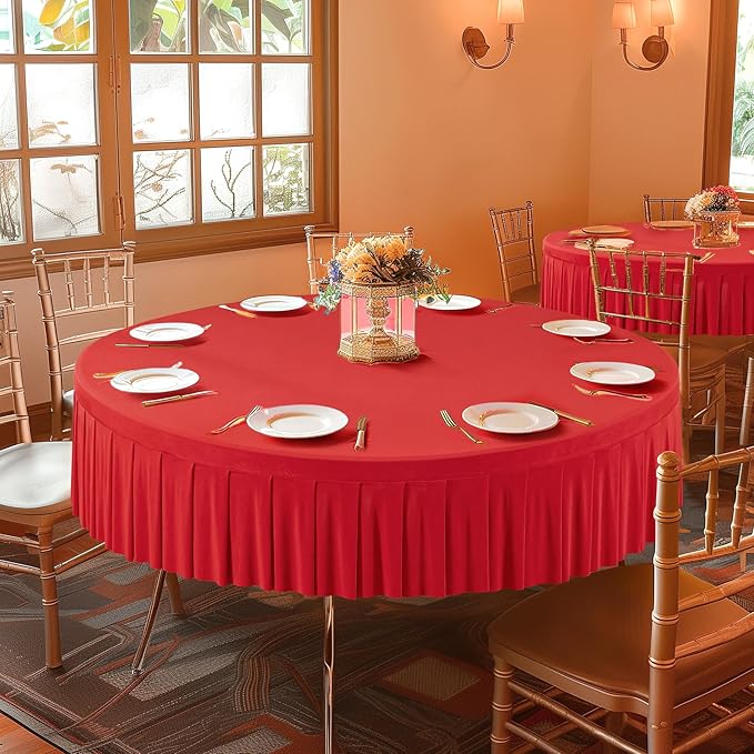 8 Pack Red Spandex Round Tablecloths for 72in Table, Stretchy Fitted 6FT Round Table Cloths, Wrinkle Free Table Cover with Skirt for Wedding Birthday Party Bridal Shower Banquet