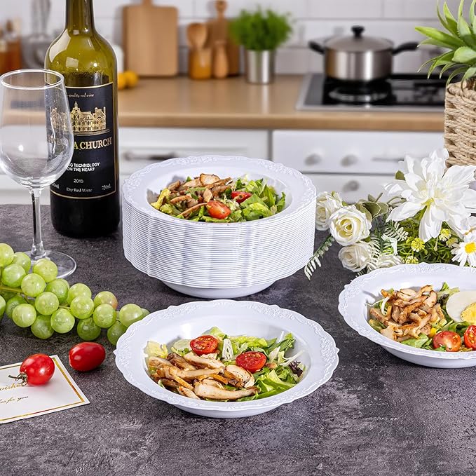 DaYammi 30 Pack White Plastic Bowls, 12oz Disposable Soup Bowls, White Soup bowls Disposable Heavy Duty Dinner Bowl for Weddings, Plastic Salad Bowl for Parties, Dinners, Catering and Everyday Use