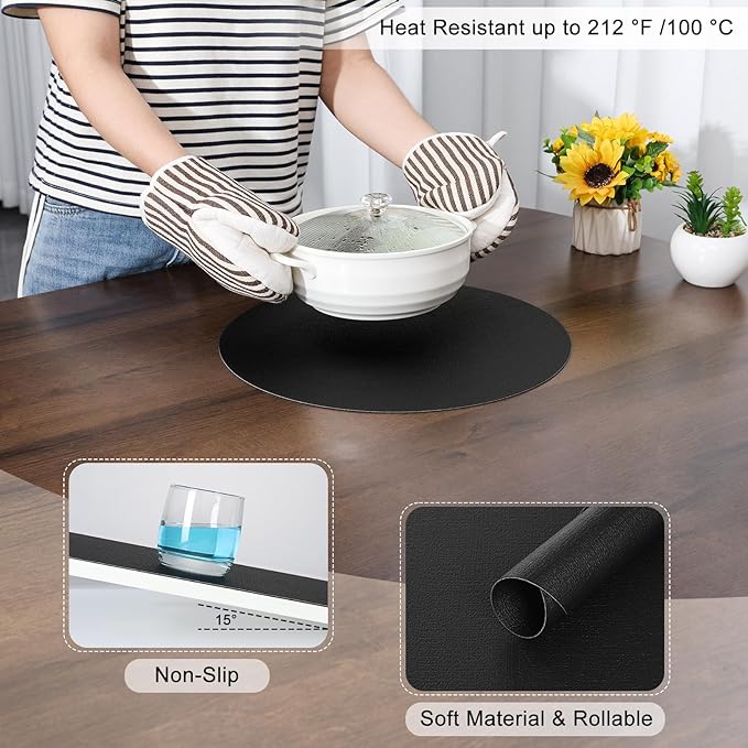 Myir JUN Round Placemats, Dual Sided Faux Leather Place Mats Set of 4 Indoor/Outdoor Non-Slip Washable Table Mats (Black, 4 Pack)
