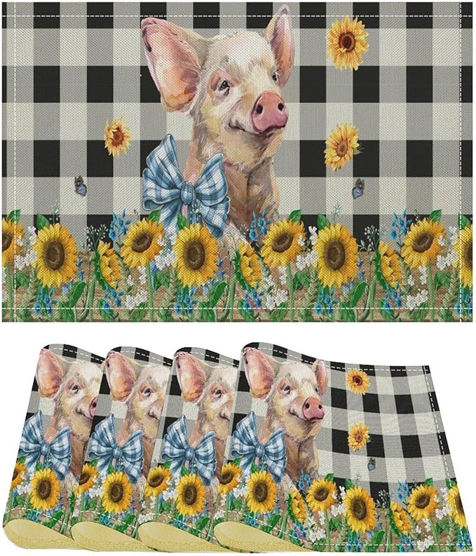 Rustic Pig Placemat Set, Vintage Farmhouse Cute Animal Sunflower Floral Black White Plaid Blue Bowknot Pattern Home Decor Table Mats for Dining Room Kitchen Party (17x12in) x4P
