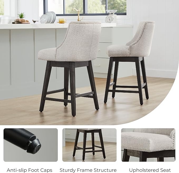 CHITA Counter Height Swivel Bar Stools Set of 3, FSC Certified Upholstered Counter Stools, Modern Swivel Barstools with Wood Legs for Kitchen Island, 26" Seat Height, Fabric in Ivory