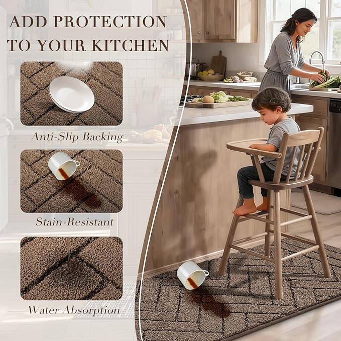 Kitchen Rugs,20" x 48" Non Slip Kitchen Mats for Floor-Thick Stain Resistant Kitchen Floor Mat Runner Carpet for Hallways Entryway Laundry Room Washable(Tan)