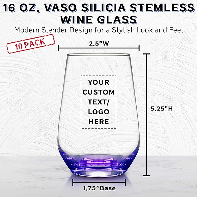 DISCOUNT PROMOS 10 Vaso Silicia Stemless Wine Glasses Set, 16 oz. - Personalized Text, Logo - Clear, Orb-Like, Thick base - Purple