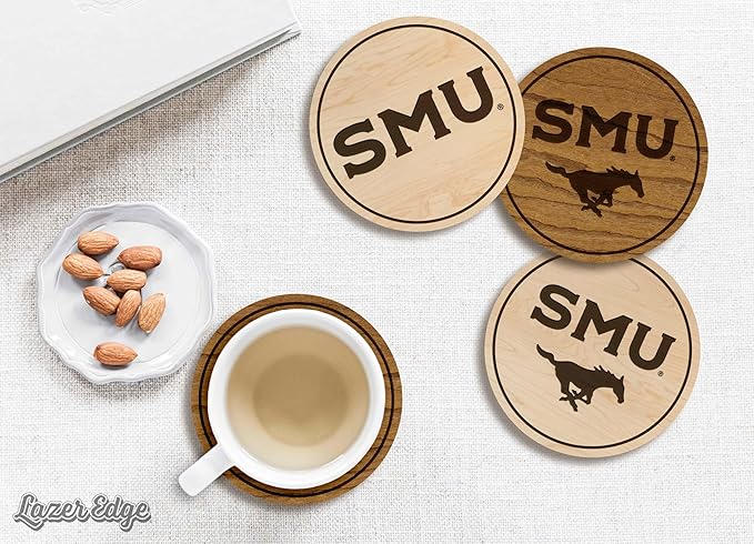 LazerEdge Southern Methodist Mustangs Wooden Coaster Set - Maple Wood - Officially Licensed Product - 4-Pack
