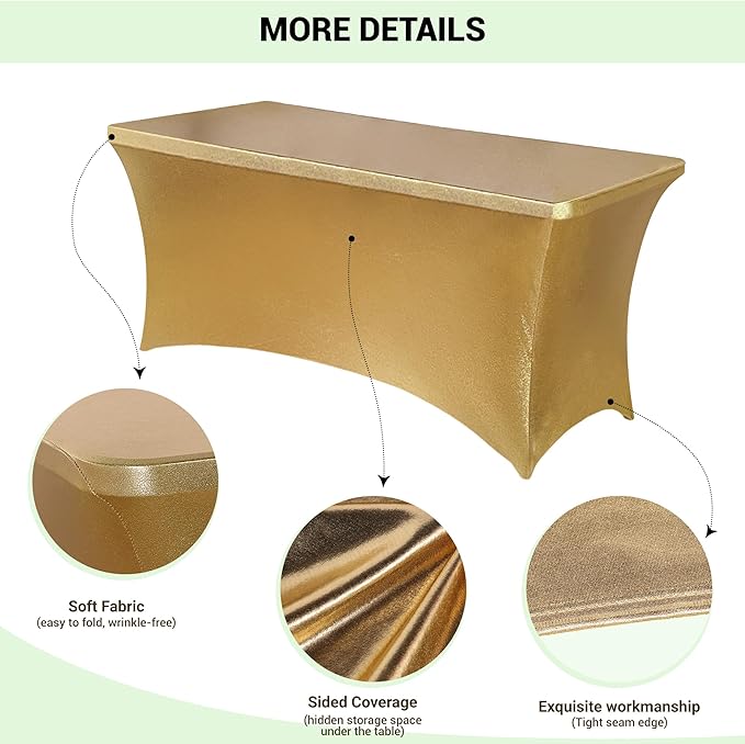 Obstal 6 Pack Stretch Spandex Table Covers for 6 Foot Tables - 6 FT Universal Rectangular Fitted Tablecloth Protector for Wedding, Banquet, Party (Stamping Gold, 72 L x 30 W x 30 H Inches)