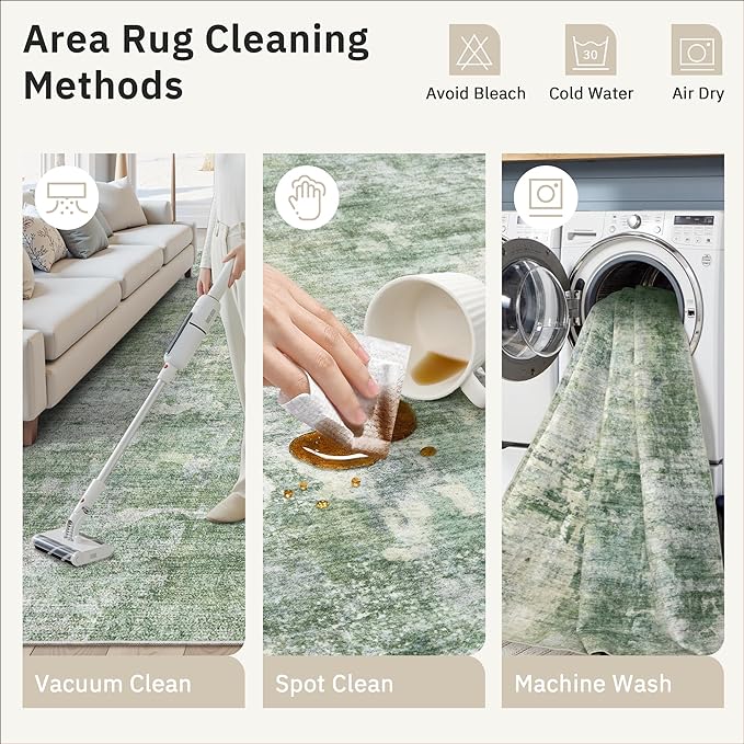 3x5 Rug, Abstract Small Area Rug for Kitchen, Entryway, Machine Washable Non-Slip Throw Rug, Vintage Carpet for Nursery Coffee Table Green Ivory