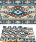 Ethnic Aztec Placemat Set, Vintage Bohemian Rustic Farmhouse Blue Red Mystic Native Tribal Geometric Totem Pattern Home Decor Linen Table Mats for Dining Room Kitchen Party (17x12in) x4P