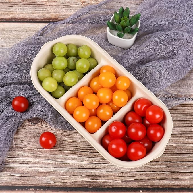 disposable paper 35 oz 3 compartments bowls with lids, Sugarcane Fiber Bowls For Snack, Dessert, Meal Prep 50 Pack