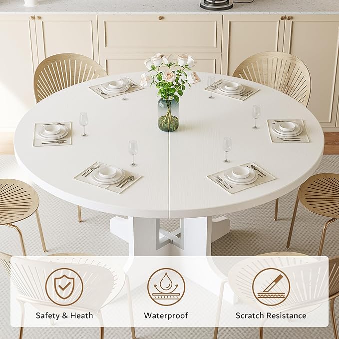 iPormis 59" Round Extendable Dining Table for 4-6, Modern Kitchen Table with Heavy Duty Pedestal Base & Wooden Top, Oval Dining Room Table for Dining Living Room, Easy Assembly, White