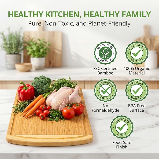 Organic 18 Inch Extra Large Bamboo Cutting Board with Lifetime Replacements - Non Toxic Wood Chopping Board with Juice Groove for Kitchen, Meat, Vegetables, and Food Prep by Greener Chef