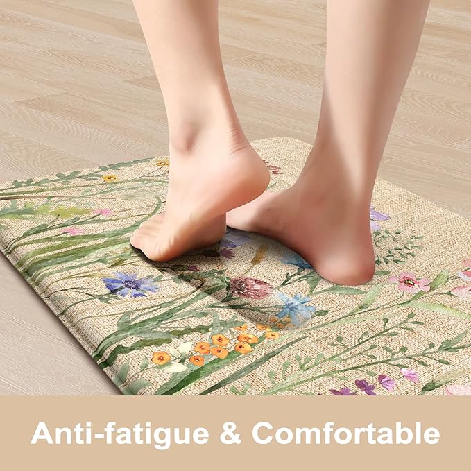 KIMODE Anti Fatigue Kitchen Mat, 17"x47"+17"x29" Floral Kitchen Rugs Sets of 2, Farmhouse Kitchen Floor Mats Non-Slip Cushioned, Comfort Standing Desk Mat for Sink, Laundry,Home Brown