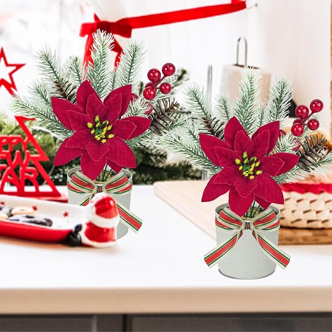 4 Pack Poinsettias Artificial Christmas Flowers, Tabletop Small Christmas Potted Flowers with Berries Pinecones Mini Christmas Tree for Table Centerpiece Home Office Garden Party Decor