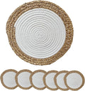ANDSTAR Round Woven Placemats Set of 6, 12"x12", Natural Wicker Placemats, Water Hyacinth Straw Braided Placemats,Boho Place Mats for Farmhouse, Rustic Table (Water Hyacinth + White Cotton Rope)