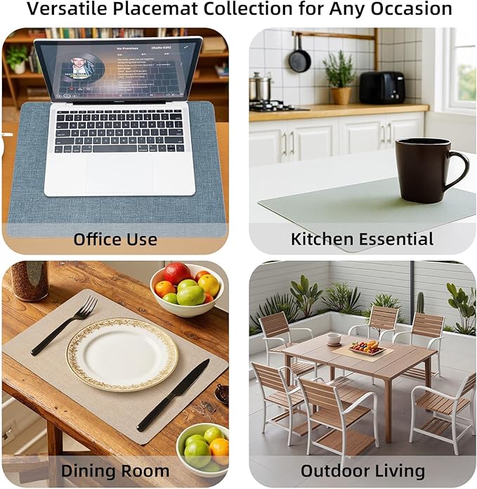 Heat Resistant Placemats Set of 6, 17x12in Waterproof Wipeable Faux Leather Non Slip Table Mats, Easy to Clean, Stain Resistant, for Kitchen Dining Room– Taupe