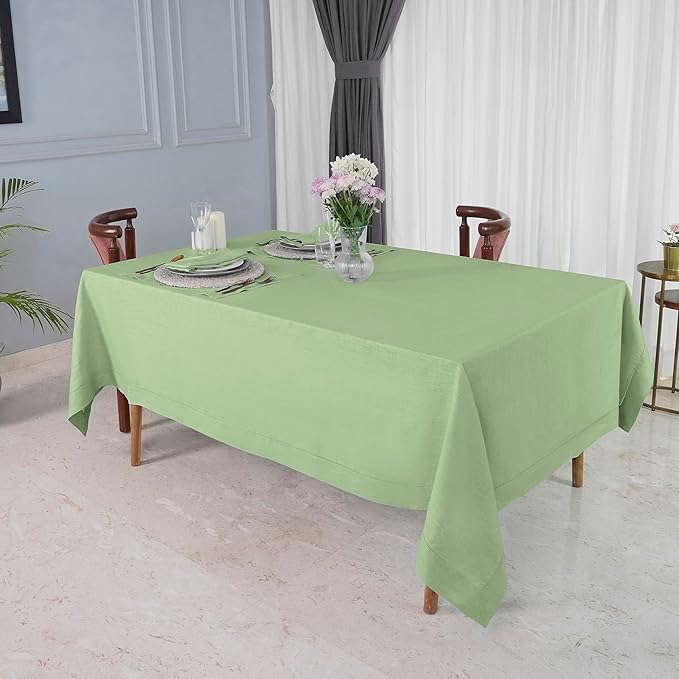D'Moksha Homes Sage Green Linen Tablecloth 60 x 156 Inch - 100% Pure Linen Green Tablecloth for Rectangle Tables - Classic Hemstitch, Machine Washable Table Cloth for Spring, St Patricks Day, Easter