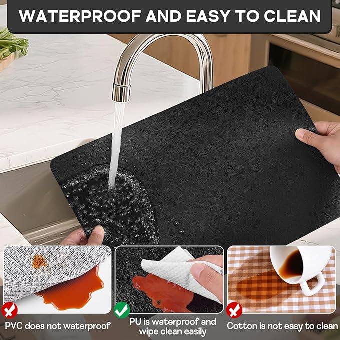 Faux Leather Placemats Set of 6, Washable Place Mats, Wipeable Waterproof Oil-Proof Heat Resistant Table Mats, Non-Slip Vinyl Placemats Rectangular Place Mat for Table Indoor Outdoor (Black)