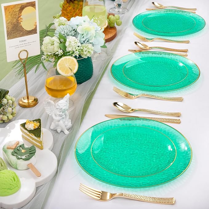 Hioasis 60pcs Green Plastic Plates - Gold Rimmed Disposable, Hammered, Heavy-duty Dinnerware Set Suitable for 30 Guests, 10.25" Dinner & 7.5" Dessert Plates for Party & St. Patrick's Day