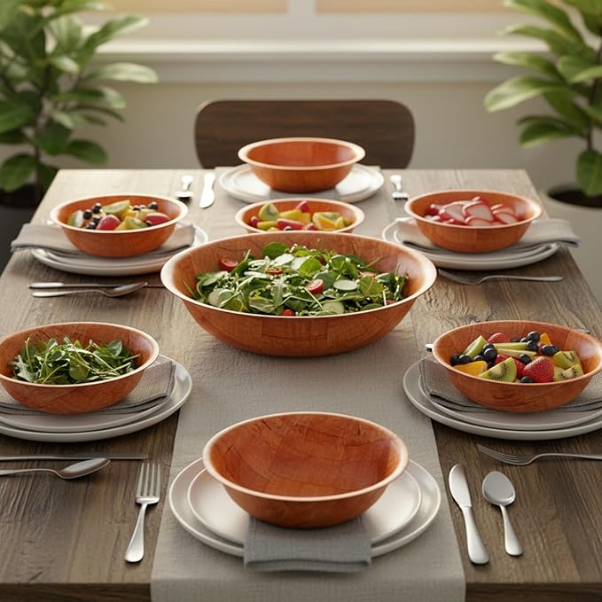 8-inch Wooden Serving Bowl, Set Of 6 | Round | Stackable | EZ To Wash | Great For Salads, Fruits, Snacks, And More [6PK]