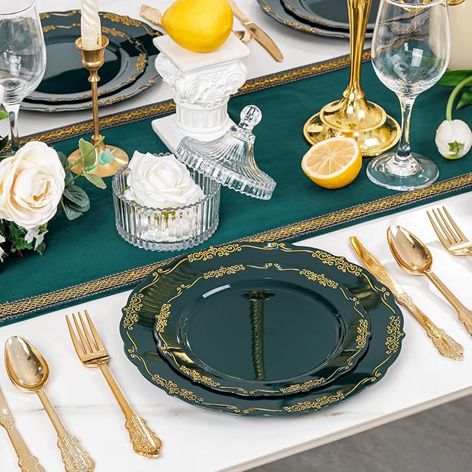 DaYammi 150Pcs Green Plastic Plates with Gold Silverware,Green Disposable Plates for Party include 30 Dinner Plate,30 Dessert Plate,90 Gold Plastic Cutlery,green gold plate for St. Patrick's Day Party