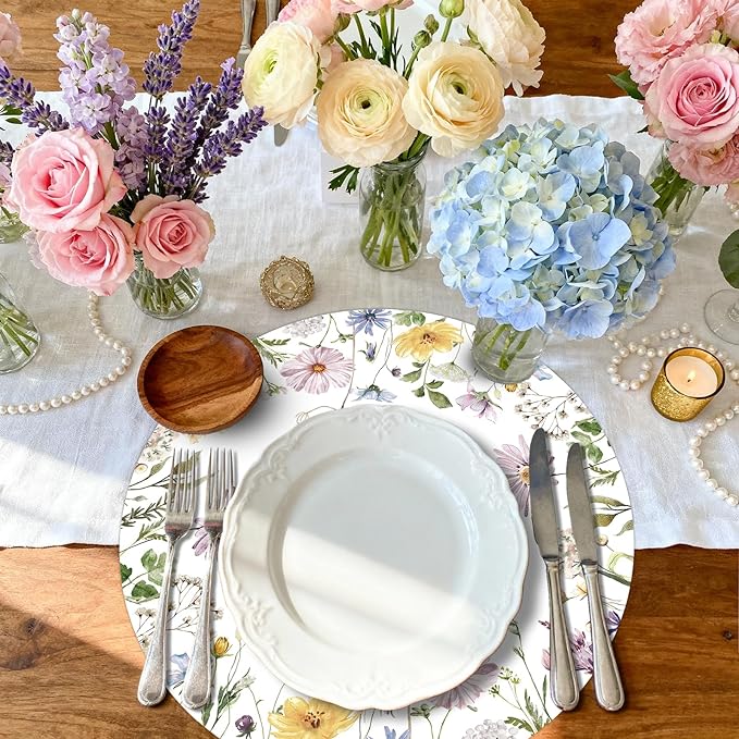 50PCS Watercolor Floral Paper Placemats - Disposable Table Mats for Wedding/Brunch/Party Decor, Elegant Flower Wreath Design, Oil-Resistant & Eco-Friendly Table Setting Supplies