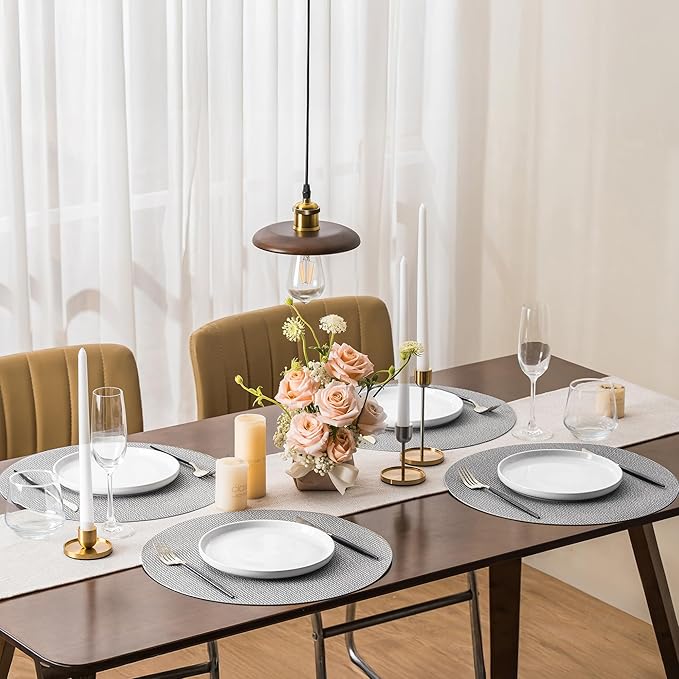Jovono 15" Faux Leather Big Round Placemats Set of 8 - Washable Heat Resistant Non-Slip Dining Table Mats with Fabric Texture for Kitchen Home Party Decor, Light Gray