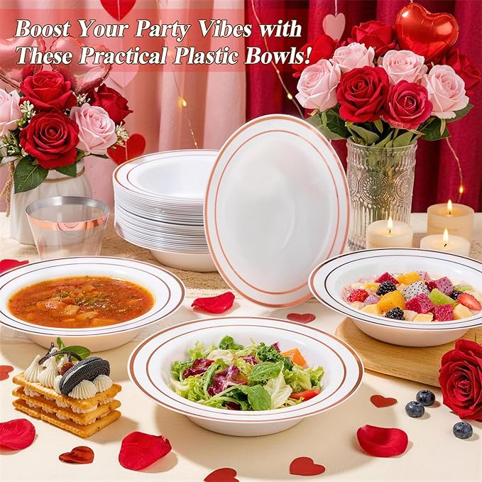 BESTSTAR 50 Pack Disposable Soup Bowls with Rose Gold Rim, 12oz Premium Heavy Duty Plastic Dinner Bowls for Party, Valentine's Day, Wedding and Holiday