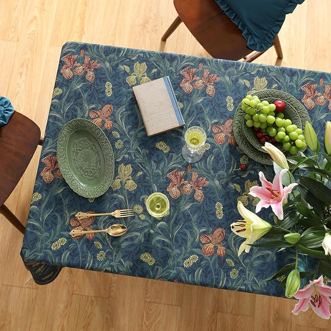 patdrea Designer Dark Blue Linen Rectangle Tablecloth,Vintage French Rustic Floral Pattern Tablecloths,Decorative Table Cover Cloth for Kitchen,Dining,Tea Party,Home,Christmas,55"*87"