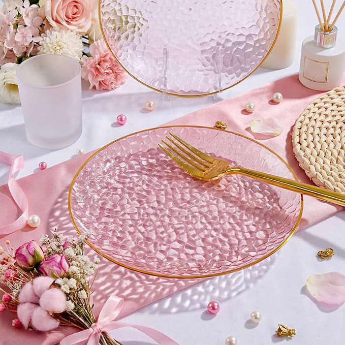 Rubtlamp 200Pcs Plastic Pink Dessert Plates with Disposable Gold Forks,Heavy Duty Pink Hammered Salad Platos, Gold Small Platos,Fancy Appetizer Plates for Mother's Day