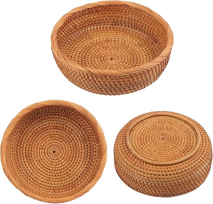 2 pack 9 inch Round Rattan Keys Basket Bowl for Organizing, Tabletop Wicker Organizer Basket Entryway, Hand-woven Rattan Storage Basket for Keys, Wallet, Cell Phone