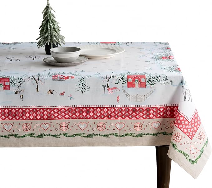 Maison d' Hermine Table Cloth Rectangle Table 100% Cotton 70 x 108 Inches Fall Tablecloth Reusable Everyday Use for Thanksgiving Christmas Decorations Dining Farmhouse Party (Rural Christmas)