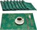 Cloth Place Mats Set of 8–Reusable Rectangular Waterproof Fabric Polyester Washable Wipeable Heat Resistant Jacquard Sparkling Metallic Snowflake for Kitchen Table(Hunter Gold/13x19 Inch)