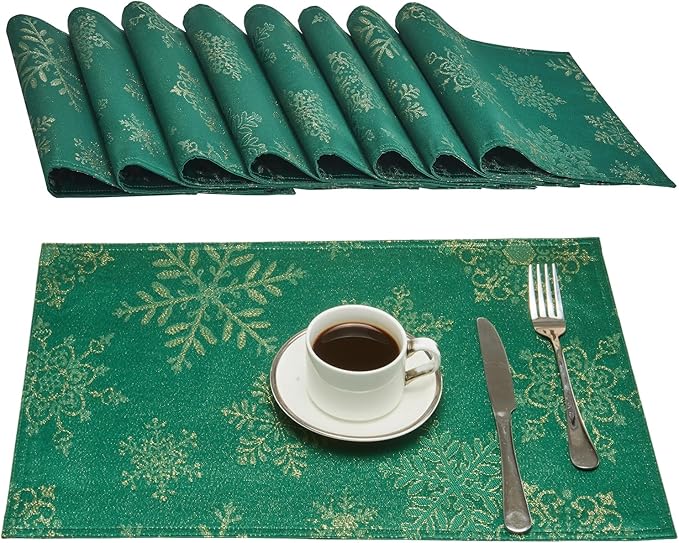 Cloth Place Mats Set of 8–Reusable Rectangular Waterproof Fabric Polyester Washable Wipeable Heat Resistant Jacquard Sparkling Metallic Snowflake for Kitchen Table(Hunter Gold/13x19 Inch)