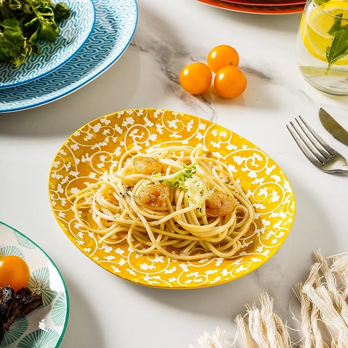 Selamica Porcelain Shallow Oval Dinner Plates, 8 inch Dessert Pasta Salad Curve Plates, Microwave/Dishwasher/Oven safe, Set Of 6, Assorted Colors