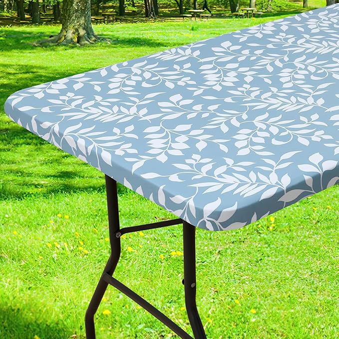 Smiry Rectangle Table Cloth Cover, Waterproof Elastic Fitted Picnic Tablecloth for 4 Foot Tables, Wipeable Flannel Backed Vinyl Tablecloths for Camping, Dining, Outdoor (Baby Blue, 24" x 48")