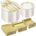 BESTVIP 600PCS Clear Gold Plastic Plate Set (100 Guests), Plastic Plates for Party Wedding Birthday, Disposable Dinnerware Set of 200 Plates, 200 Forks, 100 Spoons, 100 Knives for Christmas