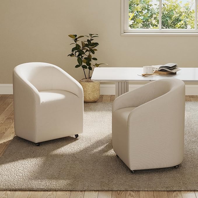 Modern Barrel Dining Chairs with Rolling Casters Set of 4, Upholstered Linen Swivel Dining Room Chairs with Wheels for Kitchen Living Room Home Office, Beige