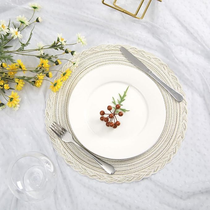 SHACOS 15 inch Round Braided Placemats Set of 12 for Dining Table Woven Boho Place Mats Kitchen Placemat Washable Table Mats, Ivory Bordered