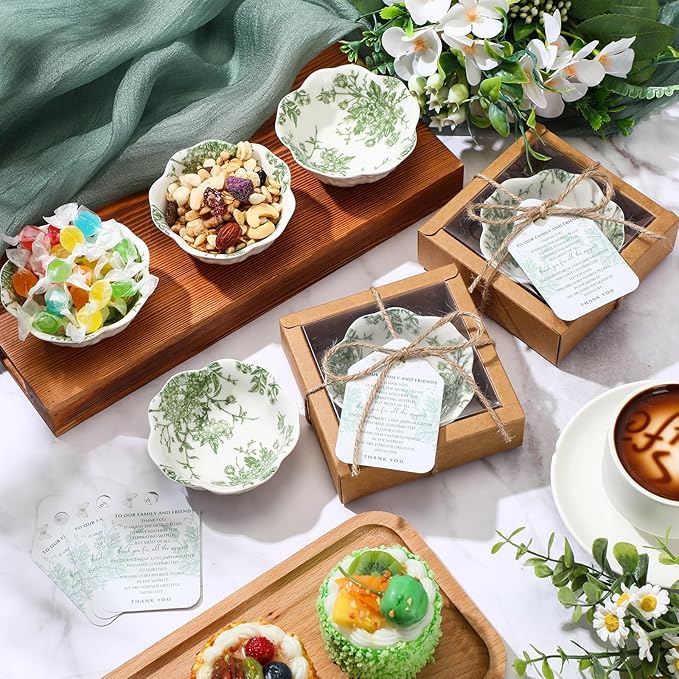 20 Pack Wedding Favors for Guests Small Ceramic Bowls Bulk Gifts Set 3.3 Inch Sage Green Verdure Design Mini Dipping Bowl Sauce Dish with Cards Box for Party Shower Favor Souvenir