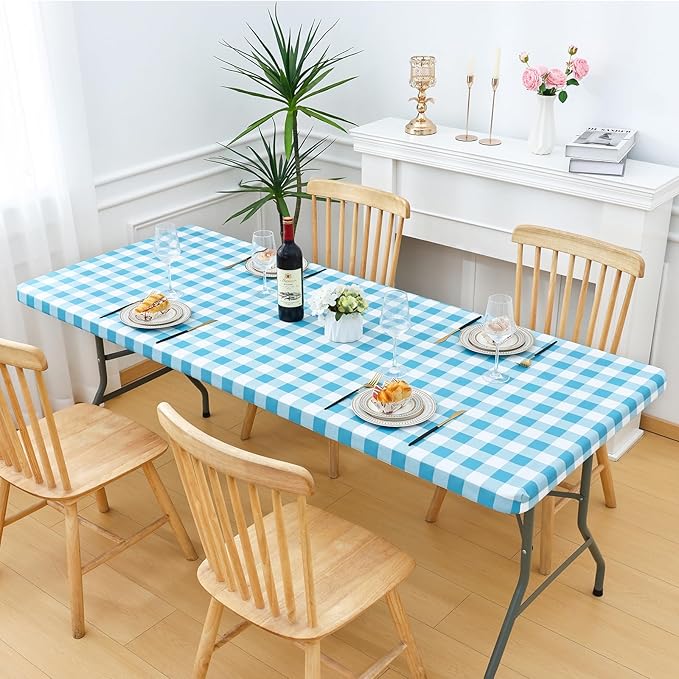 Smiry Rectangle Picnic Table Cloth, Elastic Waterproof Fitted Vinyl Tablecloths, Flannel Backed Buffalo Plaid Table Covers for Dining, Camping, Outdoor (White and Aqua, 36" x 72")
