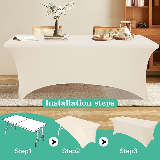 2Pack 4FT Table Cloth for Rectangular Fitted Events Stretch Cream Table Covers Washable Spandex Tablecloth Protector for Party, Wedding, Cocktail, Banquet, Festival