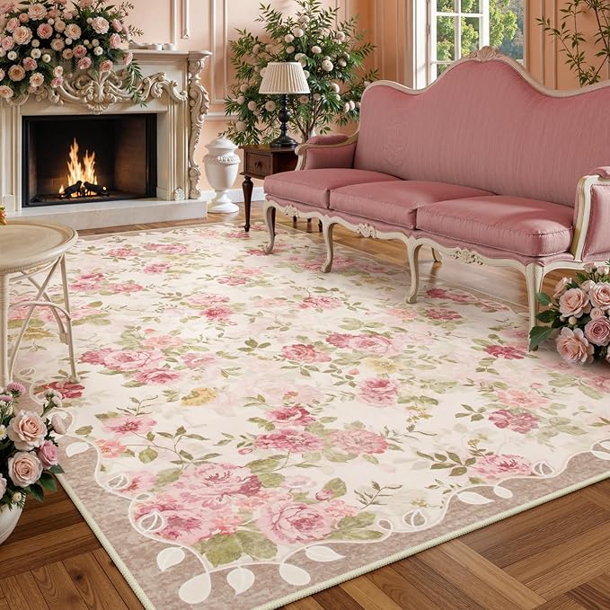 Lahome Floral Washable Rugs 9x12, Large Area Rugs 9x12 Living Room,Soft Non-Slip Thin Vintage Boho Bedroom Carpet for Dining Room Playroom Nursery Farmhouse, Beige/Pink/Multi