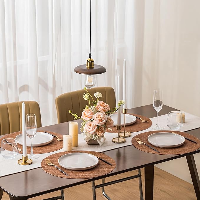 Jovono 15" Faux Leather Big Round Placemats Set of 4 - Washable Heat Resistant Non-Slip Dining Table Mats with Fabric Texture for Kitchen Home Party Decor, Brown
