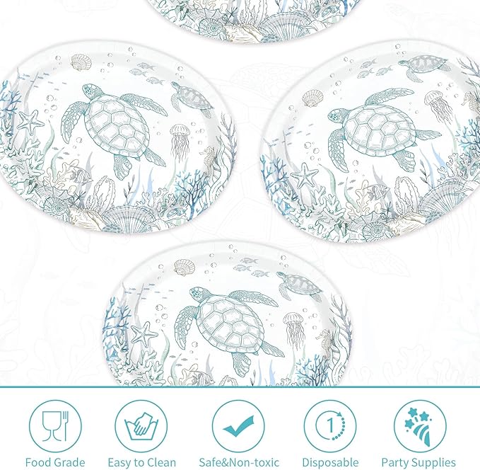 50 Pcs Coastal Turtle Oval Paper Plates 10" x 12" Large Heavy Duty Disposable Ocean Green Sea Turtles Plates Coral Starfish Platters for Coastal Summer Birthday Picnic Party Decorations
