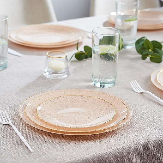 PLASTICPRO 30 Pack Disposable Plastic Plates Heavyweight Granite Look Elegant 10 inch Dinner Plates Pink with Gold Rim