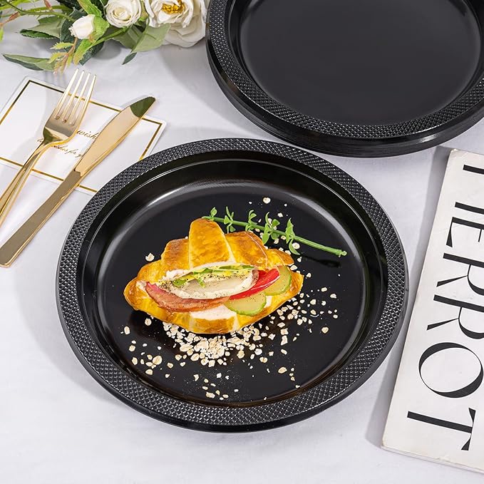 WELLIFE Black Plastic Plates 10 Inch -150 Count for Party, Plastic Disposable Dinner Plates for Easter Picnic BBQ