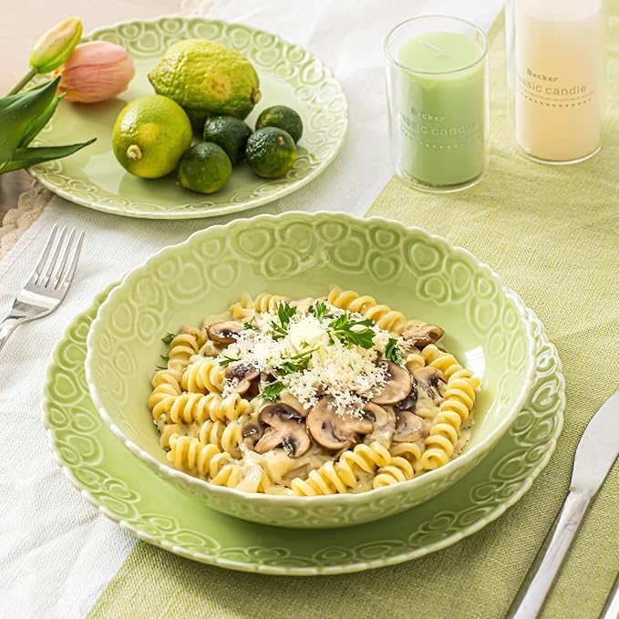 HOMBENE Heartbeat Pasta Bowls Set of 4, 28oz Salad Bowls Soup Bowl for Kitchen, Porcelain Wide and Shallow, Noodle, Soup, Pasta,Dinner, Microwave & Dishwasher Safe (Celestial Blue)