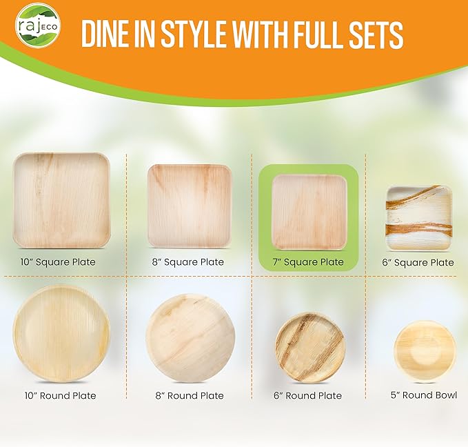 Raj Palm Leaf Plates [200-Pack] 7" Square Plates like Bamboo plates Disposable, Strong, Decorative Compostable Tableware for wedding, Lunch, Dinner, Birthday, Camping, Outdoor BBQ, Picnic