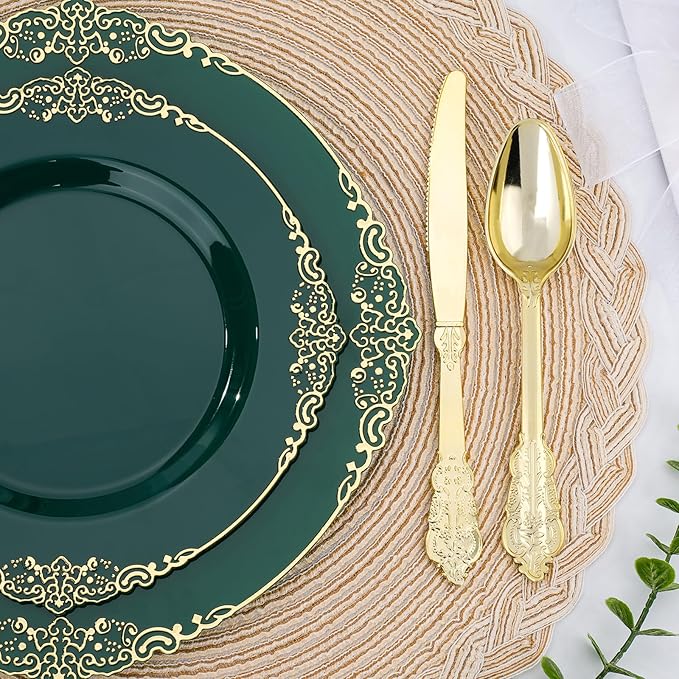 350 PCS Green and Gold Plastic Plates, Plastic Dinnerware Set for 50 Guests, 100 Disposable Plates, 150 Silverwares, 50 Cups, 50 Napkins for Party, Wedding, Graduation
